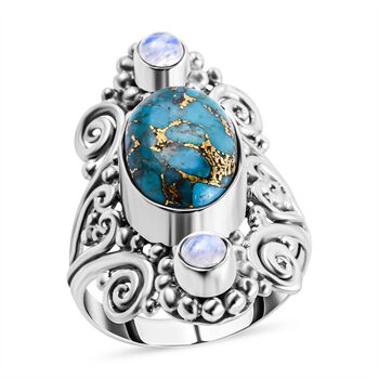 Sajen Silver - Blauer Mojave T&uuml;rkis und Regenbogen Mondstein-Ring - 5,72 ct.