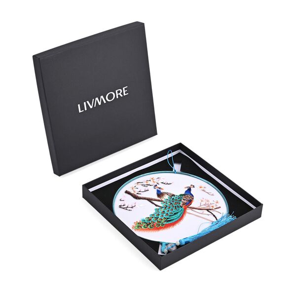 "Brand:LIVMORE Double-sided embroidery Silk wall decoration with  Jade tassel- Round shape                                                                                                               Size Dia: 20cm Pattern: Green Peacock Package:Gift Box image number 8
