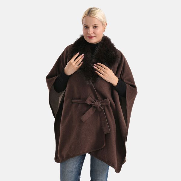 LA MAREY - Poncho mit Kunstfellkragen und Gürtel, One Size, Braun image number 4