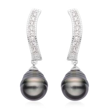 Tahiti-Zuchtperlen und wei&szlig;e Zirkon-Ohrringe, 10-11mm, 925 Silber rhodiniert ca. 0,69 ct
