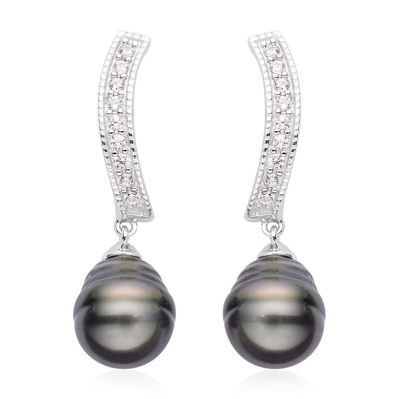10-11 mm Tahiti-Zuchtperlen und weiße Zirkon-Ohrringe - 0,69 ct. image number 0