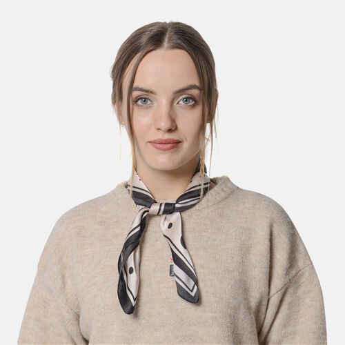 LA MAREY - 100% natürlicher Maulbeerseiden Foulard, Tupfen Muster, Beige und Schwarz image number 0