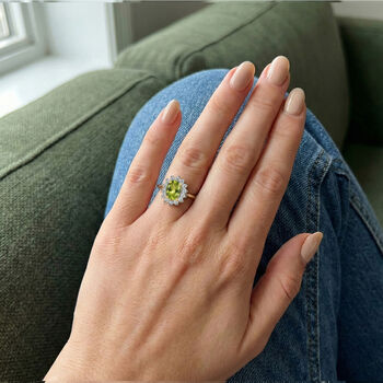 Peridot, Wei&szlig;er Zirkon Ring 925 Silber 585 Vergoldet (Gr&ouml;&szlig;e 15.75) ca. 1,32 ct