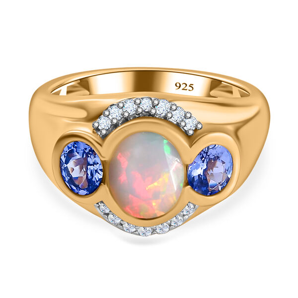 Nat&uuml;rlicher, &auml;thiopischer Opal und Tansanit-Ring, 925 Silber Gelbgold Vermeil  ca. 1,73 ct