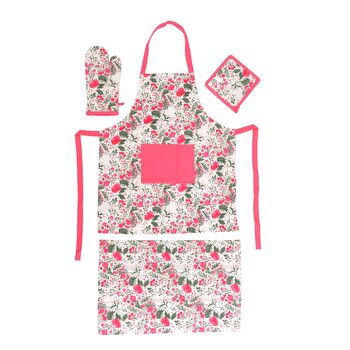 4er Set - K&uuml;chenzubeh&ouml;r, 1 Sch&uuml;rze, 1 Handschuh, 1 Topflappen & 1 K&uuml;chentuch, Gr&uuml;n/Rosa