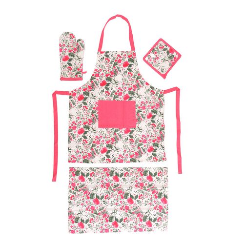 4er Set - Küchenzubehör, 1 Schürze, 1 Handschuh, 1 Topflappen & 1 Küchentuch, Grün/Rosa image number 0