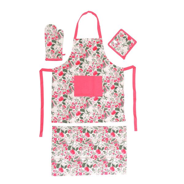 4er Set - K&uuml;chenzubeh&ouml;r, 1 Sch&uuml;rze, 1 Handschuh, 1 Topflappen & 1 K&uuml;chentuch, Gr&uuml;n/Rosa