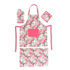 4er Set - Küchenzubehör, 1 Schürze, 1 Handschuh, 1 Topflappen & 1 Küchentuch, Grün/Rosa