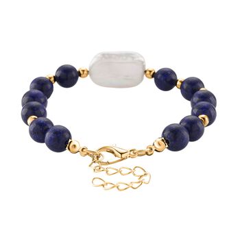 Lapislazuli, Wei&szlig;e Keshi Perle Armband, ca. 18cm mit 5cm extender, Reine Legierung goldfarben