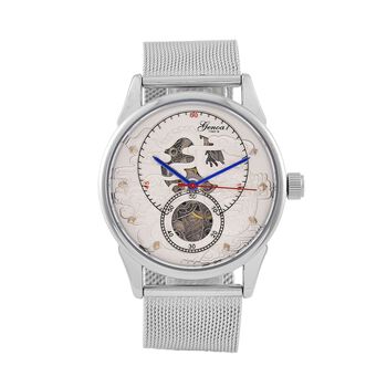 GENOA TIME V2 - Automatische mechanische Uhr mit Drachenmuster und Edelstahl-Mesharmband, 23 cm, Silber, ca. 89,00g