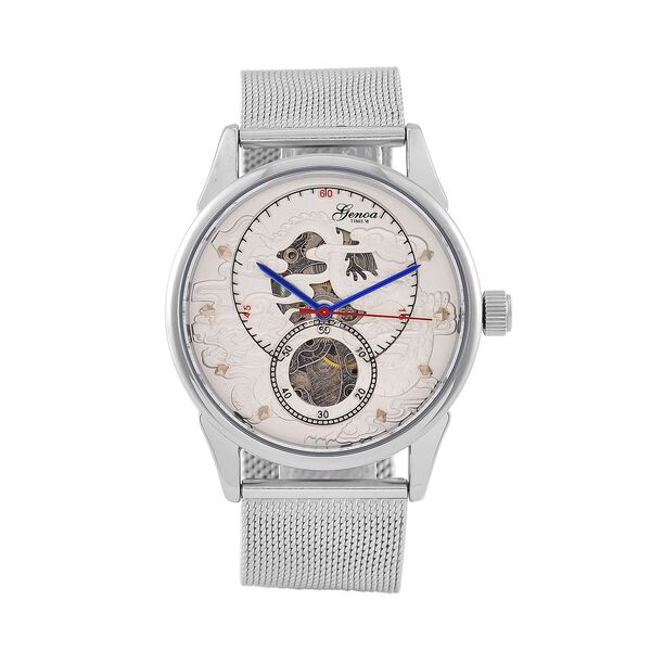 GENOA TIME V2 - Automatische mechanische Uhr mit Drachenmuster und Edelstahl-Mesharmband, 23 cm, Silber, ca. 89,00g