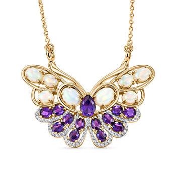 GP - AA Afrikanischer Amethyst, Nat&uuml;rlicher, &auml;thiopischer Welo Opal Halskette ca. 45 cm 925 Silber Rhodiniert und 750 Gelbgold Vermeil ca. 5,67 ct.