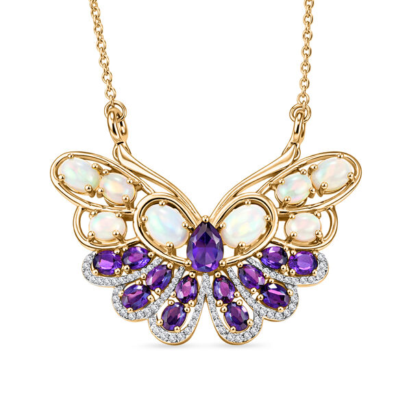 GP - AA Afrikanischer Amethyst, Nat&uuml;rlicher, &auml;thiopischer Welo Opal Halskette ca. 45 cm 925 Silber Rhodiniert und 750 Gelbgold Vermeil ca. 5,67 ct.