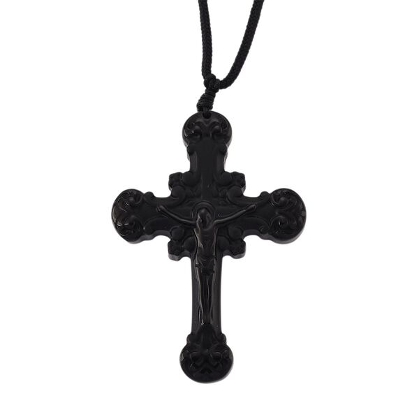 Schwarzer Glasachat Halskette 66 cm ca. 60,00 ct.