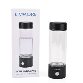 LIVMORE - doppelwandige Wasserstoff Wasserflasche 300 ml, SPE PEM, Borosilikatglas, USB Akku, Schwarz
