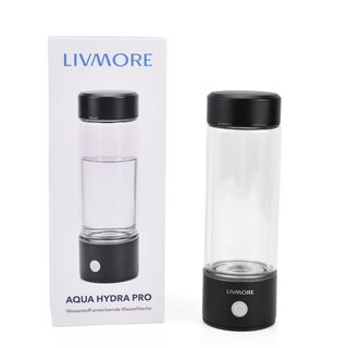 LIVMORE - doppelwandige Wasserstoff Wasserflasche 300 ml, SPE PEM, Borosilikatglas, USB Akku, Schwarz