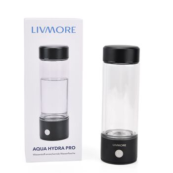 LIVMORE doppelwandige Wasserstoff Wasserflasche 300ml, SPE PEM, Borosilikatglas, USB Akku, Schwarz