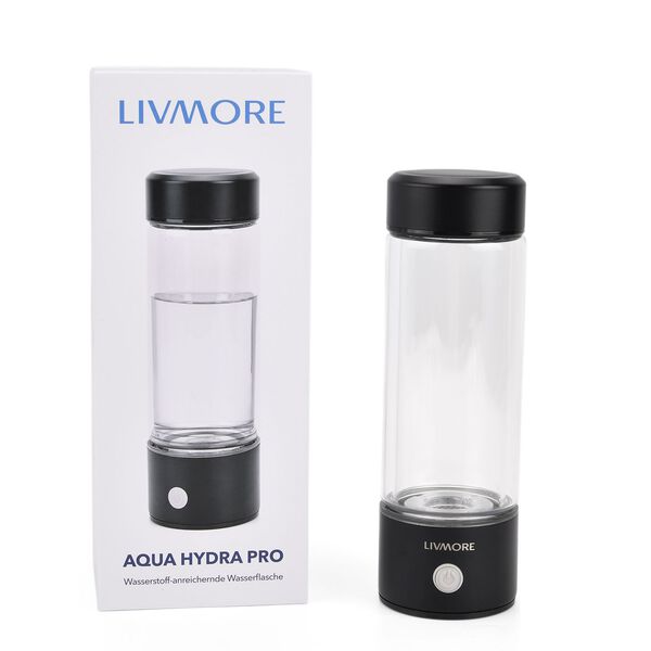LIVMORE doppelwandige Wasserstoff Wasserflasche 300ml, SPE PEM, Borosilikatglas, USB Akku, Schwarz