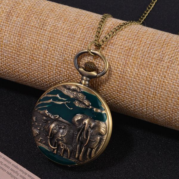 STRADA Antike Bronze Elefantenmuster Taschenuhr, Japanisches Werk, 79 cm antike bronzene Eisenkette image number 2