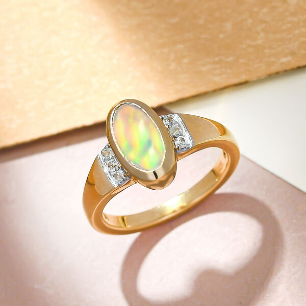 Nat&uuml;rlicher, &auml;thiopischer Opal und wei&szlig;er Zirkon-Ring, 925 Silber vergoldet  ca. 0,91 ct image number 2
