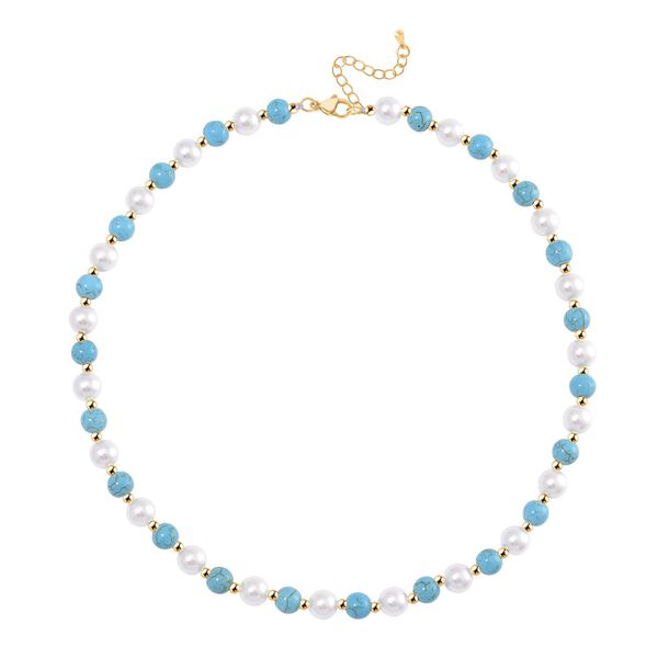 Blauer Howlit, Wei&szlig;e Muschelkernperle (7-9 mm) Halskette ca. 45 cm+ 5 cm Extender, gelb vergoldet image number 2