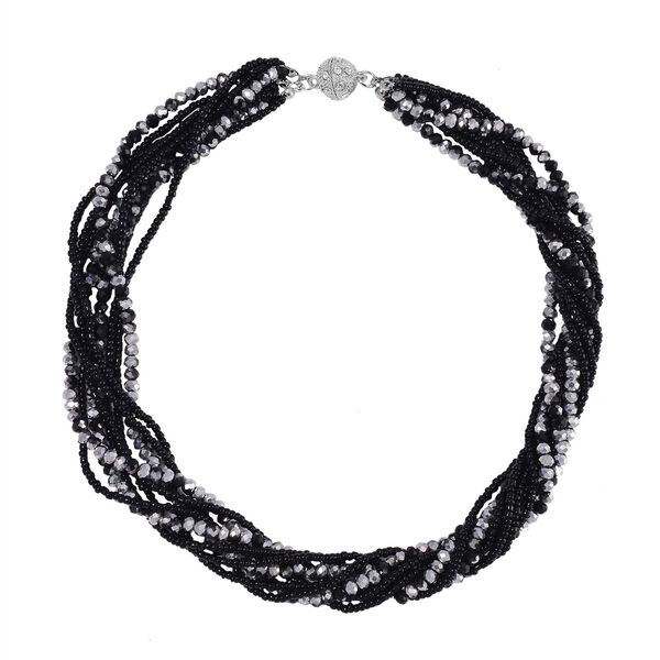 2er Set - mehrschichtiger Halsketten und Ohrringe, Schwarz-silberfarbene Kristallperlen und weiße Kristalle image number 5