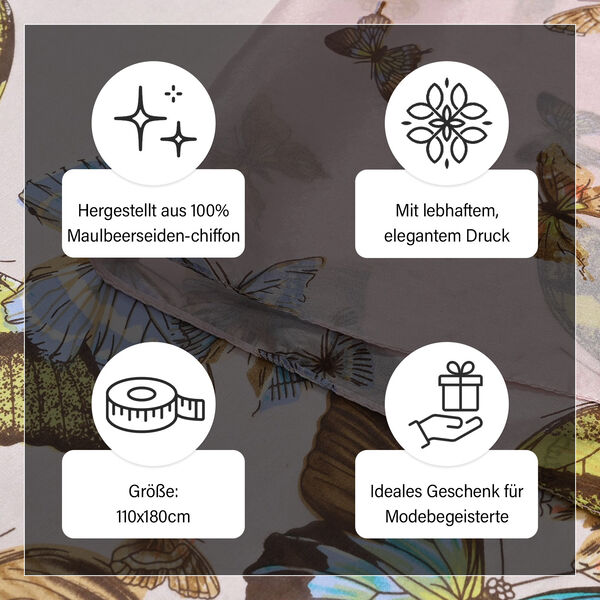 LA MAREY - 100% Maulbeeren-Seidenschal, Chiffon, 110x180cm, Rosa mit Schmetterlingmuster image number 3