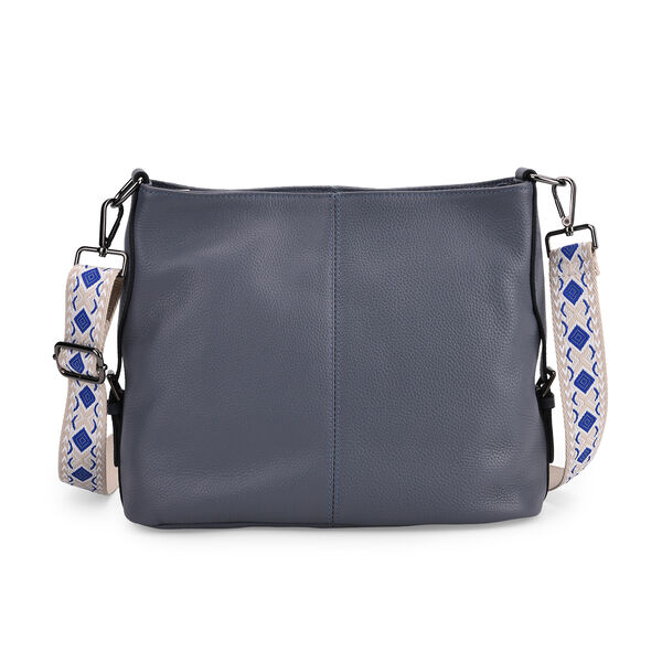 Echtleder-Crossbody-Tasche aus gepr&auml;gtem Leder, verstellbarer Schulterriemen (ca. 120 cm), 32x12x25 cm, Blau