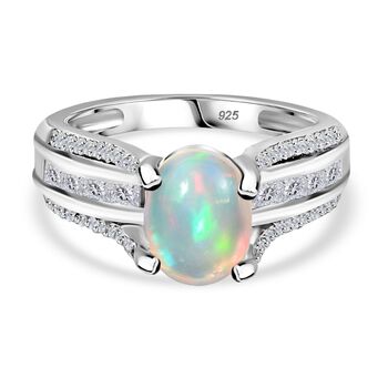 Nat&uuml;rlicher, &auml;thiopischer Welo Opal, Wei&szlig;er Zirkon Ring 925 Silber rhodiniert (Gr&ouml;&szlig;e 17.00) ca. 2.06 ct