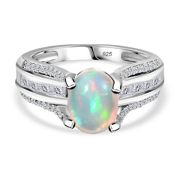 Nat&uuml;rlicher, &auml;thiopischer Welo Opal, Wei&szlig;er Zirkon Ring 925 Silber rhodiniert (Gr&ouml;&szlig;e 17.00) ca. 2.06 ct