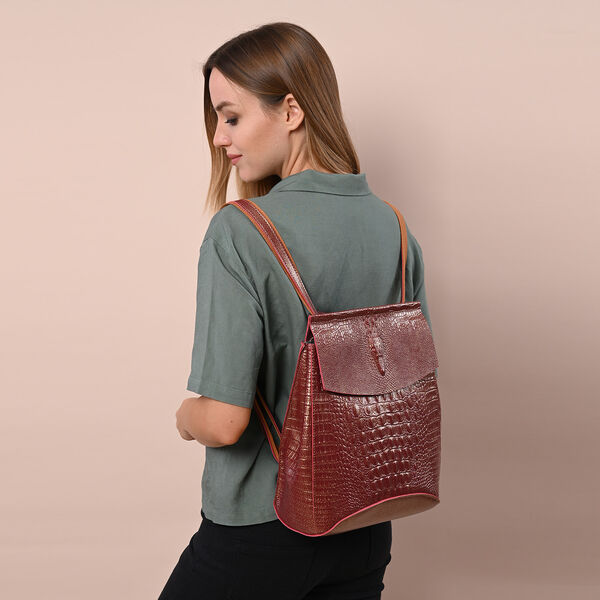 Rucksack aus 100% echtem Leder mit Kroko-Pr&auml;gung, Braun image number 3