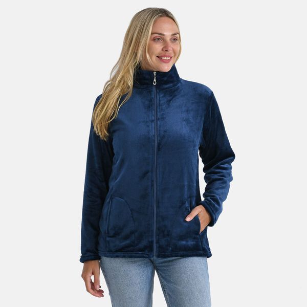 LA MAREY - Velvet Kuschel Jacke mit Rei&szlig;verschluss und Taschen, Marineblau, L / XL image number 4