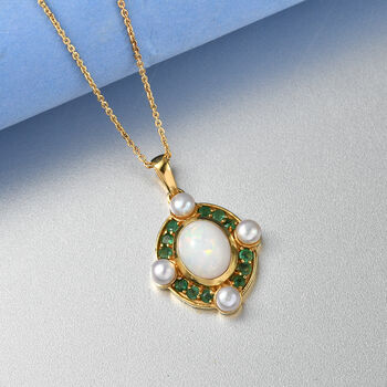 D'Joy nat&uuml;rlicher, &auml;thiopischer Welo Opal, Perle und Smaragd Anh&auml;nger mit 50cm Kette