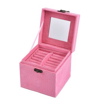 Schmuckk&auml;stchen aus Samt mit Spiegel, Schloss und Griff, 3 Ebenen, Rosa