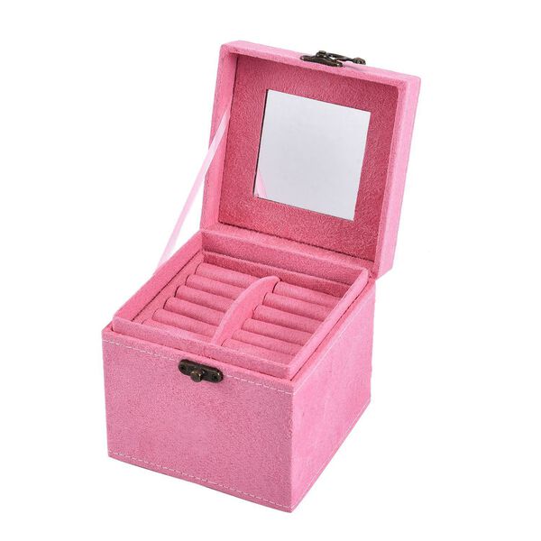 Schmuckk&auml;stchen aus Samt mit Spiegel, Schloss und Griff, 3 Ebenen, Rosa image number 4