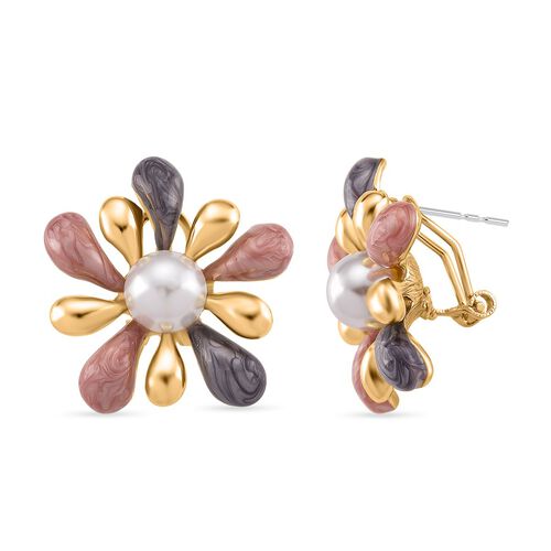 Emaille-Ohrringe im floralen Design mit Glasperle, goldfarben, pink-lavendel image number 0