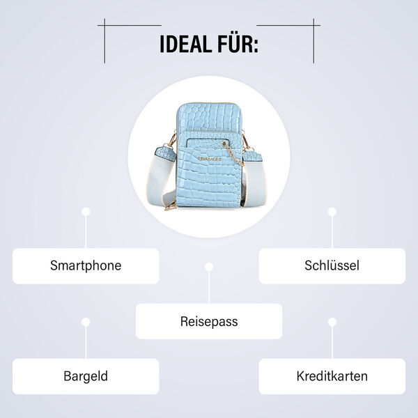 PASSAGE Crossbody Tasche aus PU-Lackleder mit Krokopr&auml;gung und RFID-Schutz, 18x7x11 cm, Himmelblau image number 4