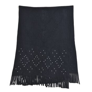 Strickschal mit Quasten und Perlen, Gr&ouml;&szlig;e 72x149 cm, Schwarz 