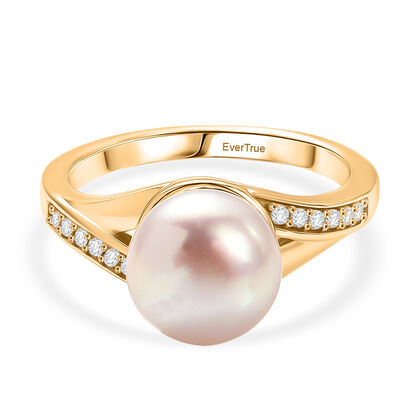 EVER TRUE Pfirsich-S&uuml;&szlig;wasser Perle (9-9.5 mm), Wei&szlig;er Zirkon Ring Nickelfreies Messing, goldfarben, (Gr&ouml;&szlig;e 21.00)