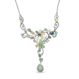 Natürliches, äthiopisches Welo Opal und weißes Zirkon-Collier, ca. 45 cm, 925 Silber platiniert ca. 5.91 ct