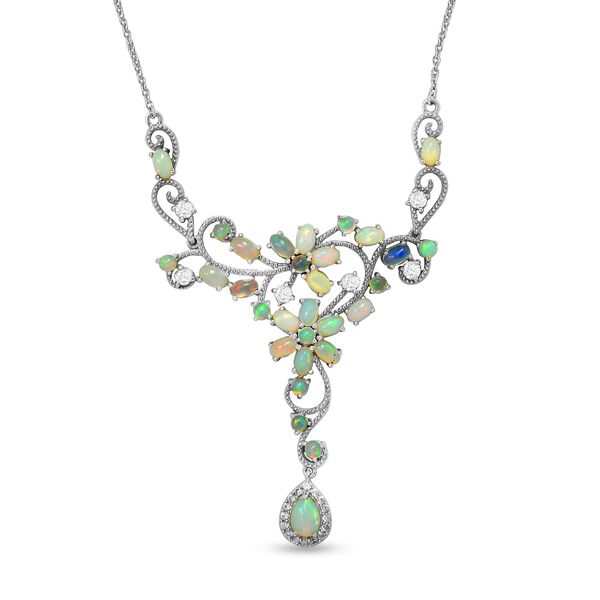 Nat&uuml;rliches, &auml;thiopisches Welo Opal und wei&szlig;es Zirkon-Collier, ca. 45 cm, 925 Silber platiniert ca. 5.91 ct