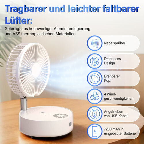 Kabelloser, faltbarer Ventilator mit integriertem Luftbefeuchter, USB-Anschluss, Weiß image number 1