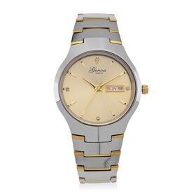 GENOA TIME V2 Uhr mit Japanischem VJ33 Quarzwerk, 36 mm, Zifferblatt mit Kristallen und Datumsanzeige, Armband aus Wolframstahl, 3 ATM wasserdicht, bicolor