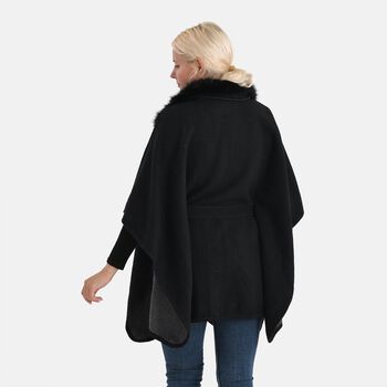 LA MAREY Poncho mit Kunstfellkragen und G&uuml;rtel, Einheitsgr&ouml;&szlig;e, 80x103cm, Schwarz