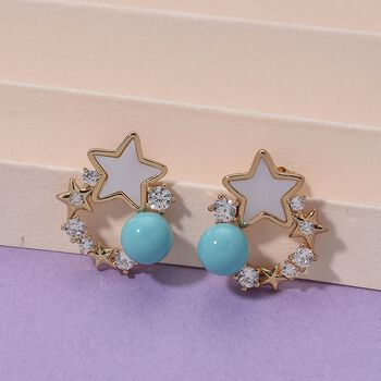 Sleeping Beauty T&uuml;rkis farbe Muschelperle (5-7 mm), Wei&szlig;es Perlmutt Ohrringe, Nickelfreies Messing, golfarben