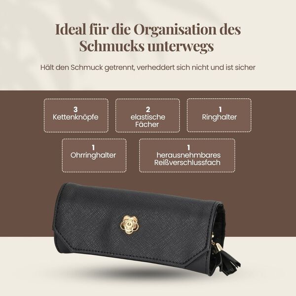 Mini-Schmuckrollen-Organizer, 24x14cm offen, 14x6,5cm geschlossen, Schwarz image number 3