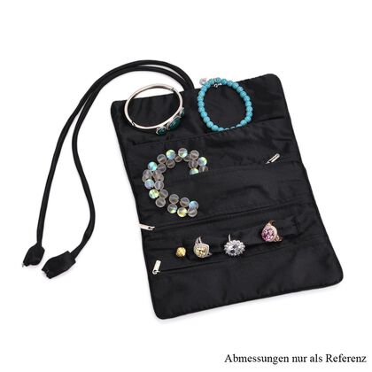 Eleganter Schmuckorganizer aus Satin mit Stickerei und 5 Premium-Poliert&uuml;chern, 20 x 9 cm, Schwarz