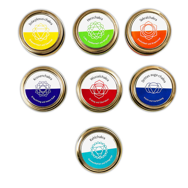 7er Set Chakra Duftkerzen mit Edelsteinen &ndash; Aromatherapie f&uuml;r K&ouml;rper und Geis, 10h Brenndauer image number 2