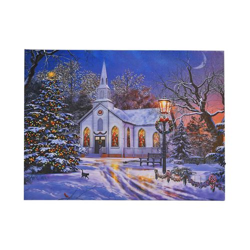 Winterkirche im Abendglanz - Leinwandbild mit LED-Beleuchtung, betrieben mit 1 AA-Batterie image number 0