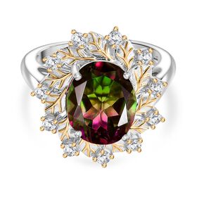 Bloomfire - D joy Wassermelonen Quarz Triplette, Weißer Zirkon Ring, 925 Silber platiniert und vergoldet (Größe 21.00) ca. 4.17 ct